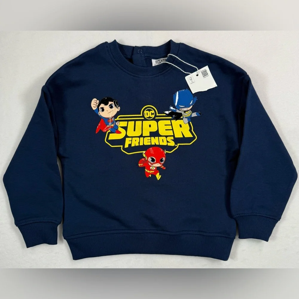 NWT DC SUPERFRIENDS Boys Superhero Sweatshirt 2T Navy Superman Flash Batman New